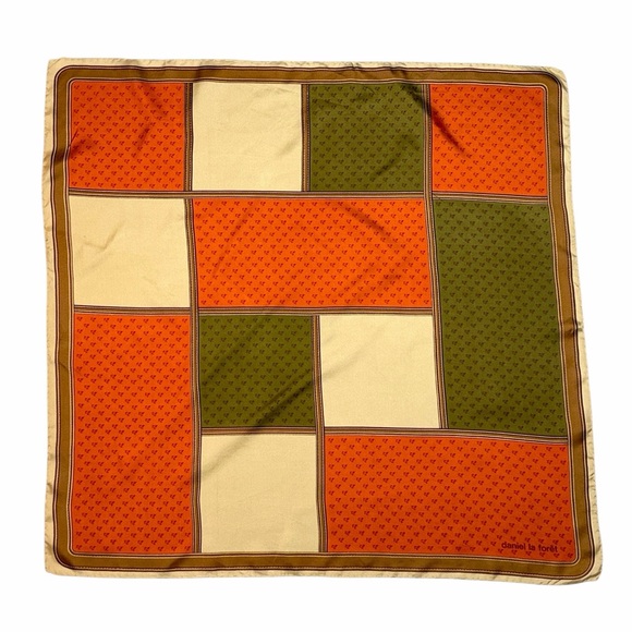 Vintage Daniel La Foret Twill Silk Scarf Geometric Patchwork Orange Green Cream - Picture 2 of 7